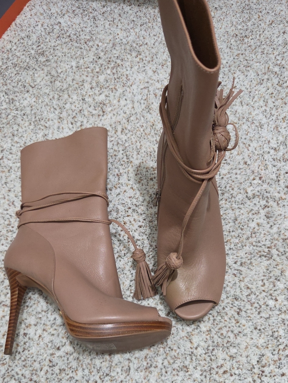 Women’s Taupe Peep-Toe Lace-Up Leather  Heeled Boots